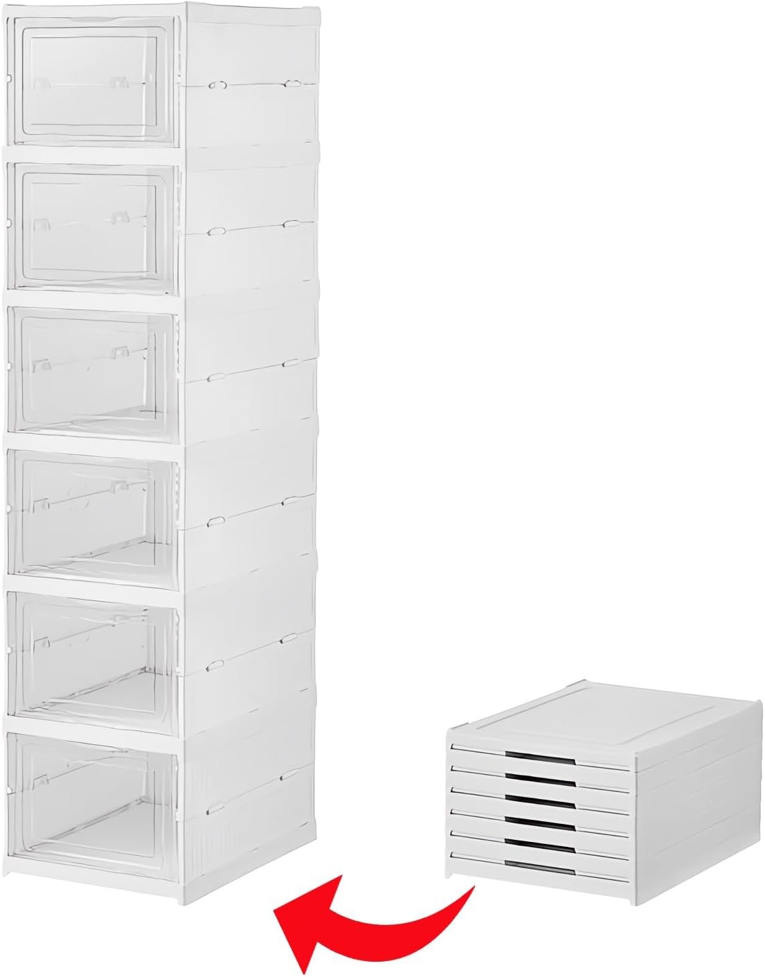 Plastic Shoe Organizer - Stackable and Foldable 6-Tier Shoe Boxes for Closet, Clear and Space-Saving Sneaker Containers, No Assembly Required