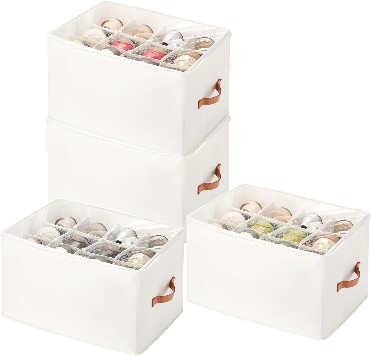 4 Pack Shoe Organizer for Closet - with Transparent Cover and Sturdy Handles shoe storage - Foldable Shoe Storage Containers Fits to 36-48 Pairs 4 Pack (Beige)