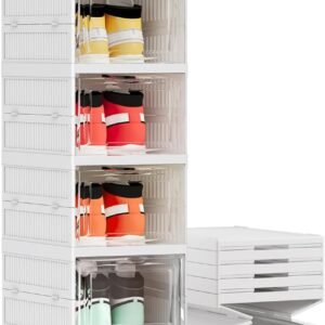 Shoe Storage Organizer Box 6-Tier Foldable Collapsible Stackable Shoe Rack Bins, Fit Size 12, No Assembly, for Men and Women