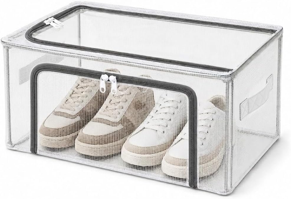 25L Under-Bed Storage Box Transparent PVC Storage Boxes with Lids, Foldable Storage Box Waterproof Zipper Clothes Storage Box Wardrobe Storage Organiser for Storing Clothes Shoes Bedding Toys