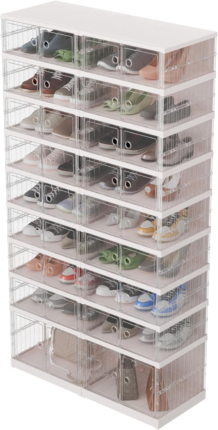 9 Tiers -18 Pairs Foldable Shoe Rack with Wheels, Large Shoes Cabinet, Easy Assembly Shoe Box with Magnetic Doors, Shoe Cabinet for Entryway, Bedroom (Transparent, B - 9 Tiers 36 Pairs)