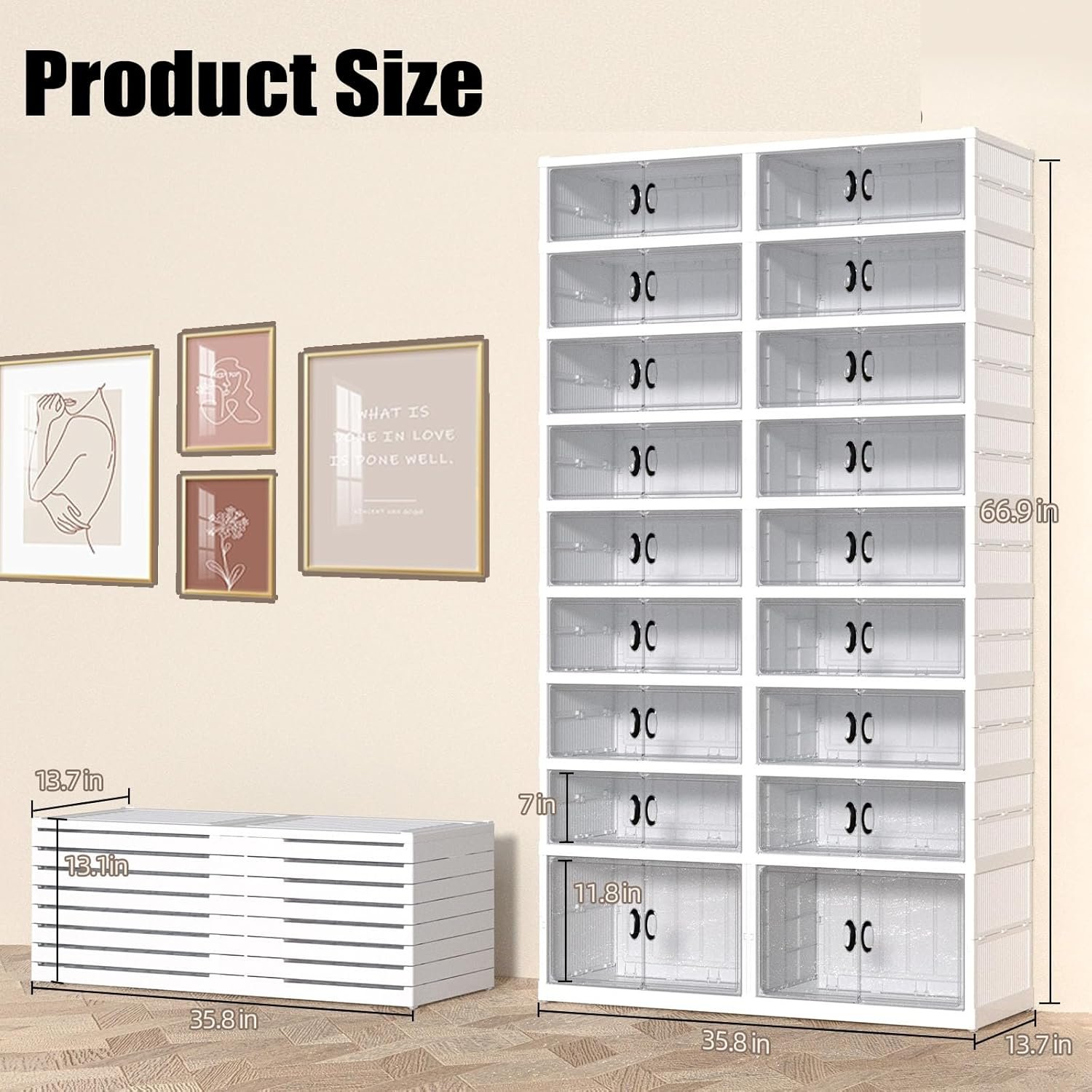 9 Tiers 36 Pairs Foldable Shoe Rack Organizer, Plastic Collapsible Shoe Shelf, Folding Shoe Box Storage Cabinet with Magnetic Clear Door Easy Assembly - Image 2