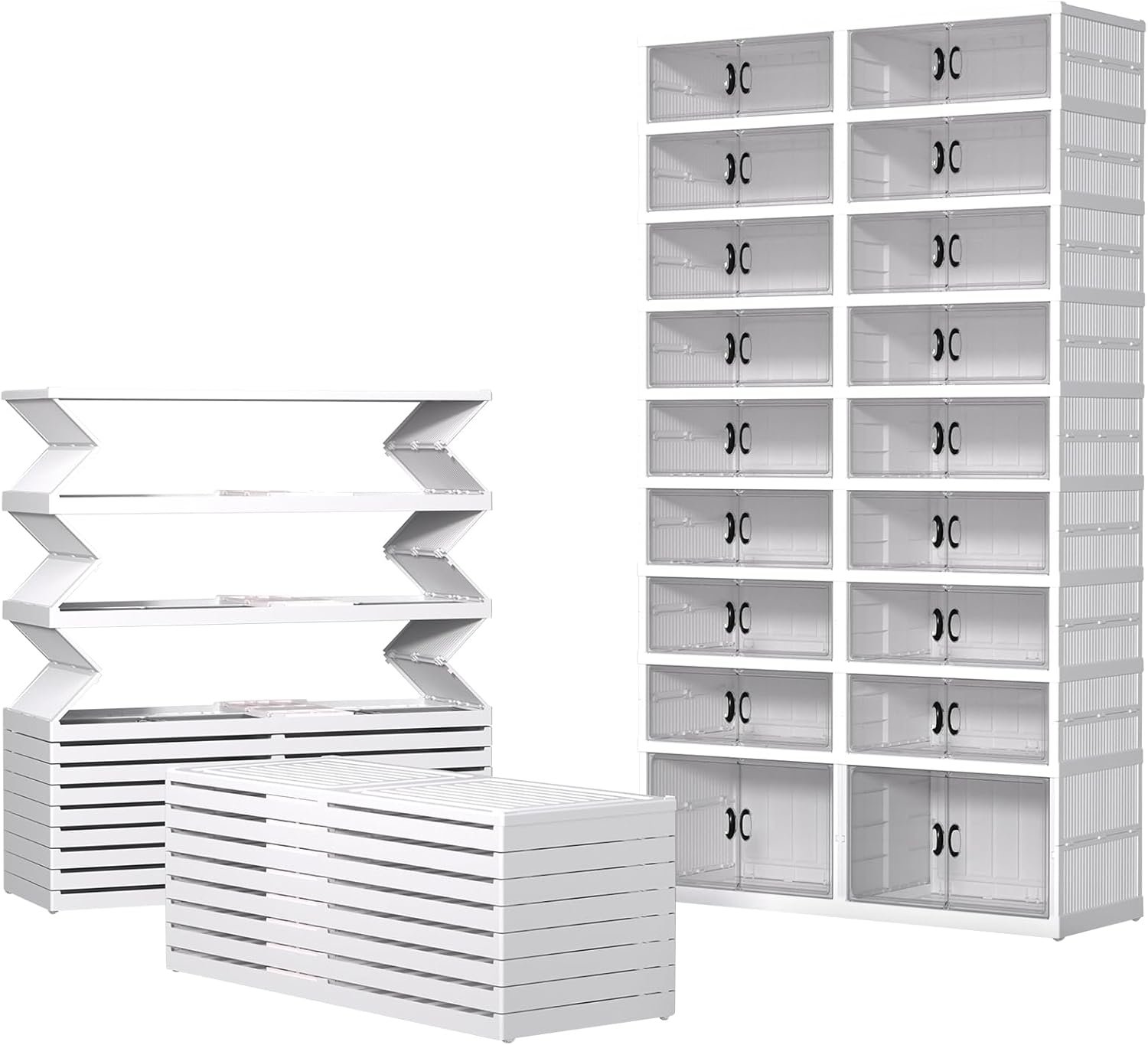 9 Tiers 36 Pairs Foldable Shoe Rack Organizer, Plastic Collapsible Shoe Shelf, Folding Shoe Box Storage Cabinet with Magnetic Clear Door Easy Assembly