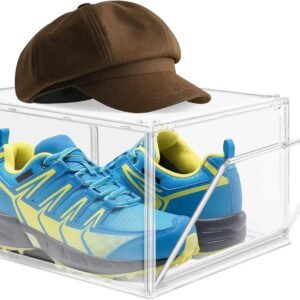 Clear Acrylic Shoe Boxes Organizer, Extra-Thick Reinforced Stackable Shoe Storage with Magnetic Door, Foldable Dust-Proof Display Cases for Closet & Entryway, Fits up to Men’s 12, Crystal Clear 1 Pack