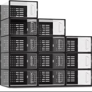 Stackable Shoe Storage Boxes, Clear Front Drop Door, Foldable Plastic Organizer with Ventilation, 12 Pack