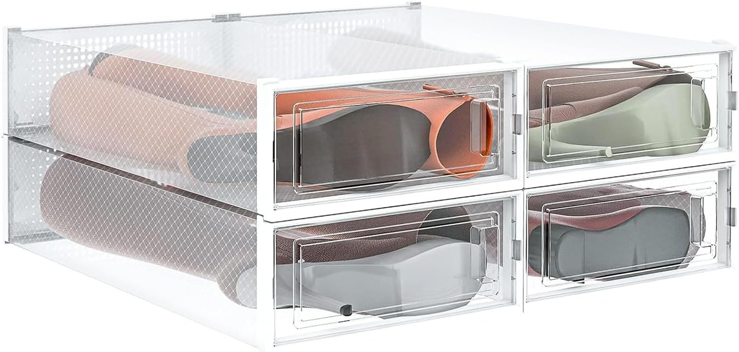 4-Piece Extra Large Boot and Shoe Storage Boxes, Stackable Clear Plastic Shoe Organizer, Space-Saving Shoe Boxes for Boots, Sneakers, and High Heels, Clear