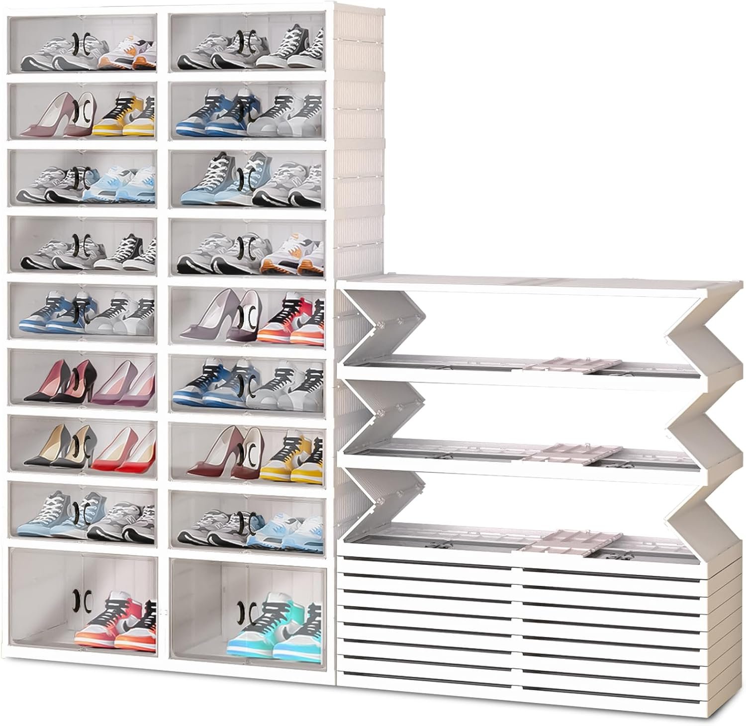 Foldable Shoe Rack, Transparent Shoe Boxes with Magnetic Double Doors, Shoe Organizer Storage for Entryway/Bedroom/Cloakroom, Large Shoe Cabinet with Hidden Bottom Roller 9 Tiers 4 Row ()