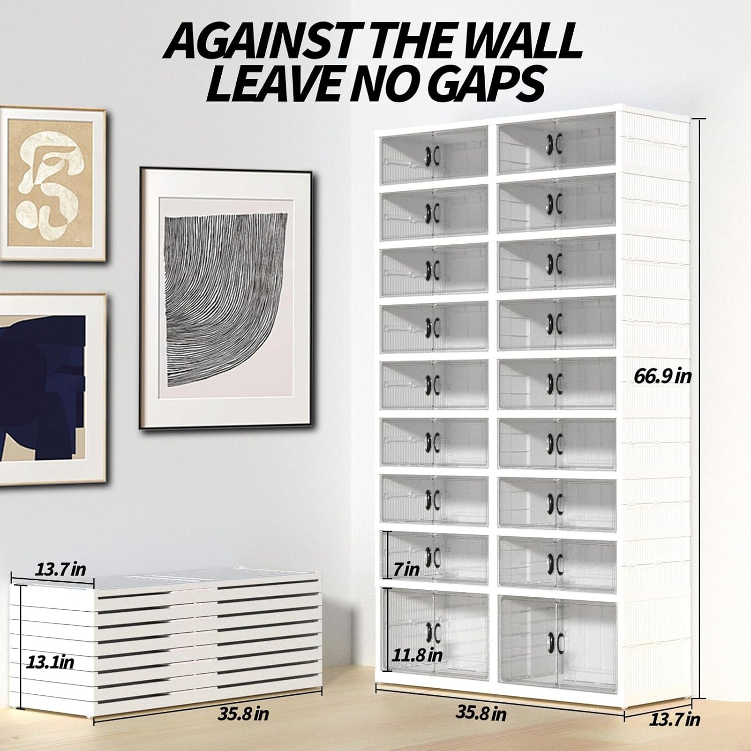 Foldable Shoe Rack, Transparent Shoe Boxes with Magnetic Double Doors, Shoe Organizer Storage for Entryway/Bedroom/Cloakroom, Large Shoe Cabinet with Hidden Bottom Roller 9 Tiers 4 Row () - Image 2