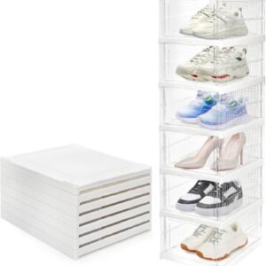 6 Pack Clear Shoe Boxes Stackable, Drop Front Shoe Storage Box, No Assembly Plastic Shoe Organizer Storage Bin with Door, Free Standing Shoe Shelf Cabinet with Lid for Size 13, 13.6"x10"x7.9"