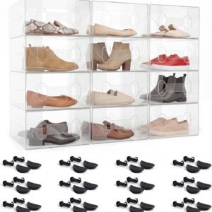 24 Pcs Shoes Storage Set Plastic, 12 Clear Stackable Shoe Boxes & 12 Adjustable Shoe Trees, 12" x 7.5" x 3.74" Foldable Shoes Boxes Stackable Ventilated for Flats Sneakers