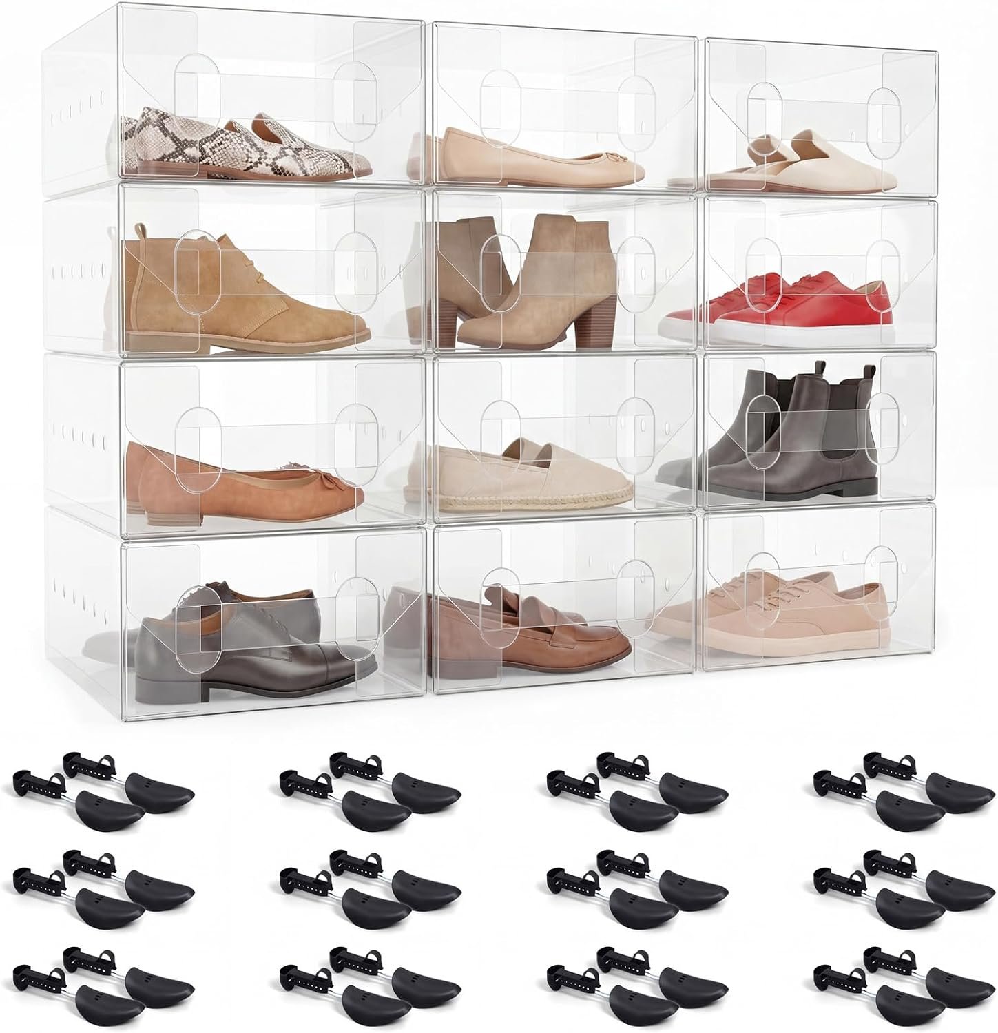 24 Pcs Shoes Storage Set Plastic, 12 Clear Stackable Shoe Boxes & 12 Adjustable Shoe Trees, 12" x 7.5" x 3.74" Foldable Shoes Boxes Stackable Ventilated for Flats Sneakers
