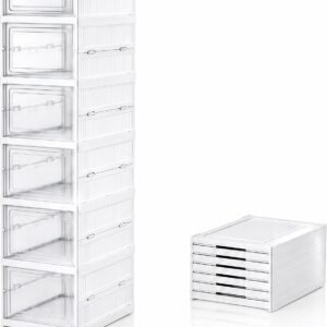 No Assembly Collapsible Shoe Storage, 6-Tier Clear Plastic Shoe Boxes Stackable, Foldable Shoe Storage Organizer with Transparent Doors, Space Saving Shoe Containers for Sneakers, Boots, Ties