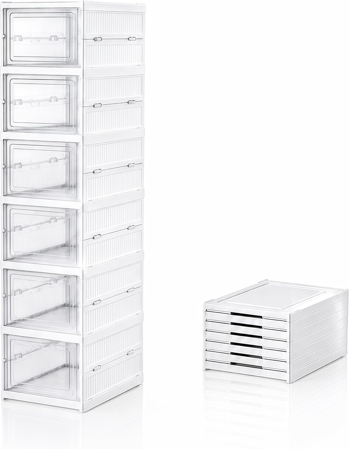 No Assembly Collapsible Shoe Storage, 6-Tier Clear Plastic Shoe Boxes Stackable, Foldable Shoe Storage Organizer with Transparent Doors, Space Saving Shoe Containers for Sneakers, Boots, Ties