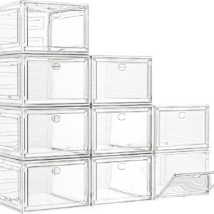 Large Clear Shoe Boxes Organizer【Thicker Material】 Stronger Shoe Box with Magnetic Door, Stackable Shoe Storage Box for Closet, Foldable Space-Saving Storage Bins Shoe Cabinet, 9 Pack