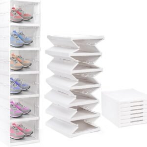 Foldable Shoe Rack Organizer, 6-Tier Shoe Storage Box Collapsible Plastic Shoe Shelf Clear Shoe Boxes with Doors, Stackable Shoe Storage Bins Shoe Organizer for Entryway Closet