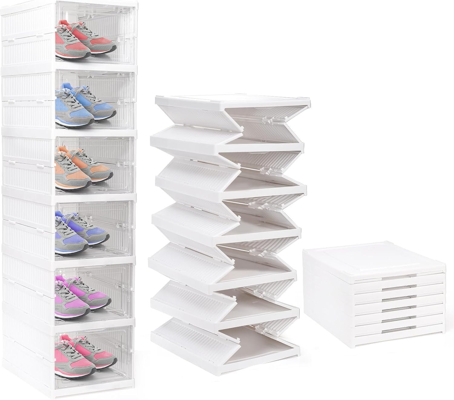 Foldable Shoe Rack Organizer, 6-Tier Shoe Storage Box Collapsible Plastic Shoe Shelf Clear Shoe Boxes with Doors, Stackable Shoe Storage Bins Shoe Organizer for Entryway Closet