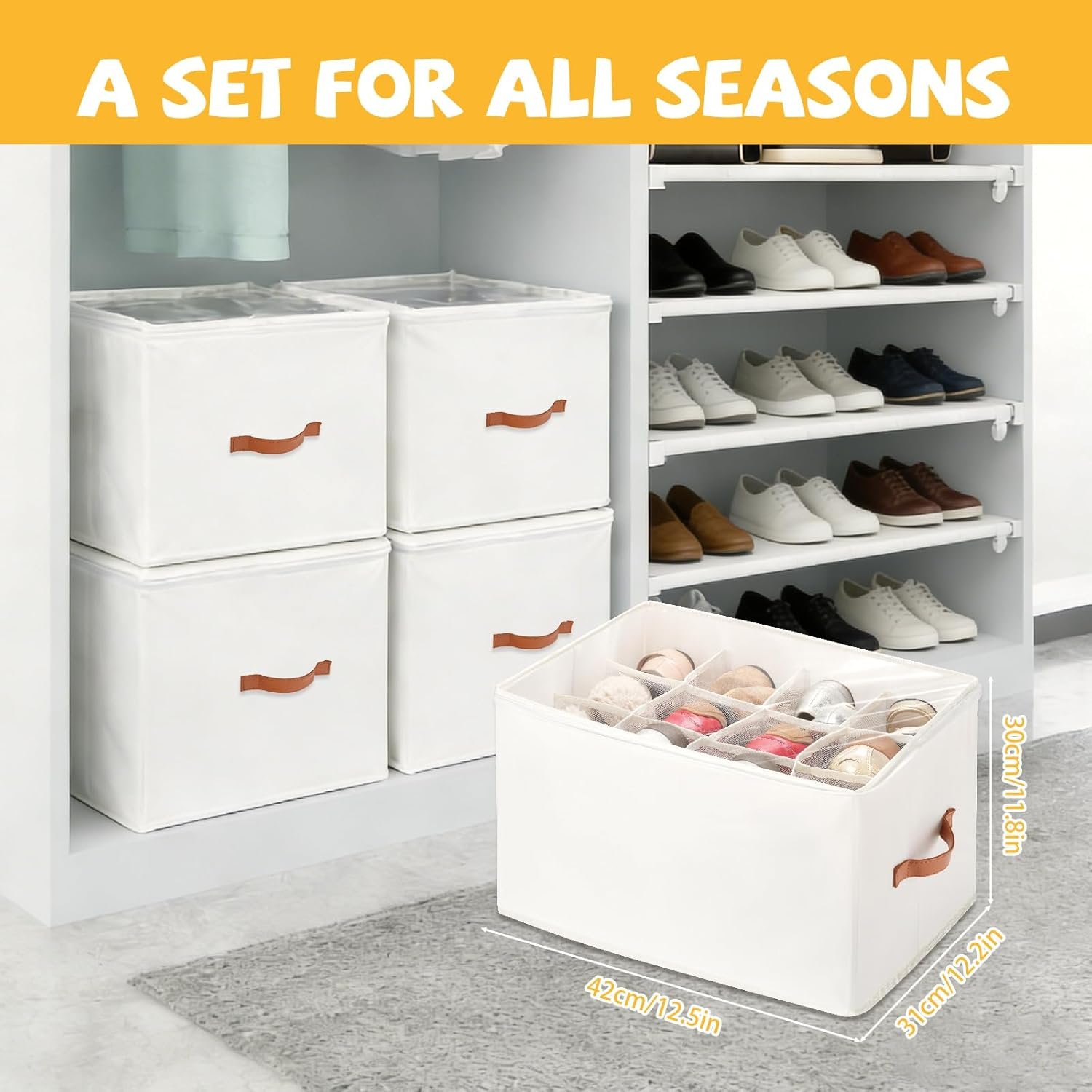 4 Pack Shoe Organizer for Closet - with Transparent Cover and Sturdy Handles shoe storage - Foldable Shoe Storage Containers Fits to 36-48 Pairs 4 Pack (Beige) - Image 2
