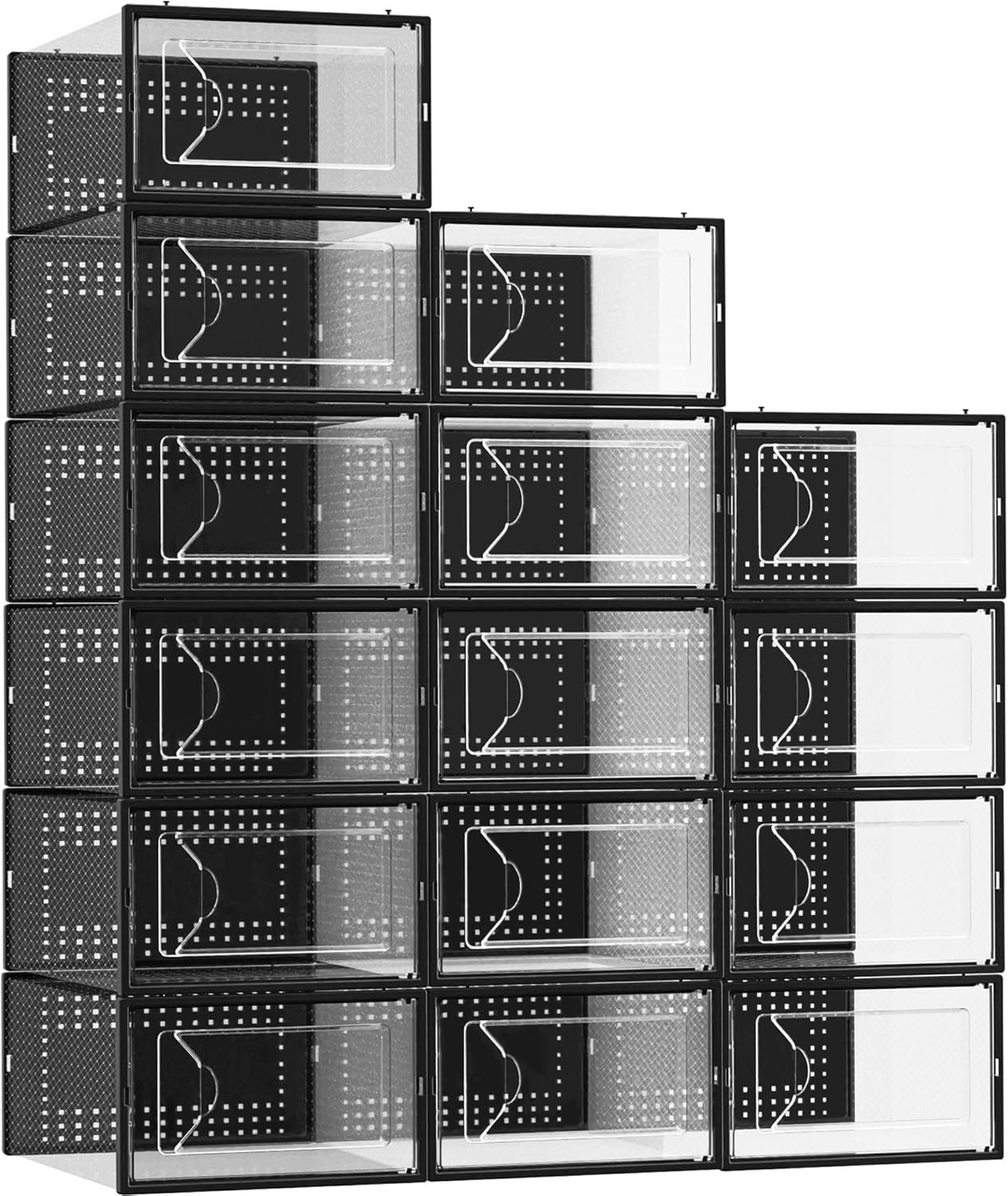 15 Pack Shoe Storage Organizer Box Container Clear Plastic Stackable | Interlocking Design, Sturdy Dustproof Breathable, Fits Men's Size 9 Women's Size 10, for Closet Entryway Under Bed