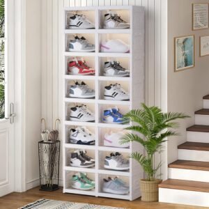 Shoe Box Foldable Storage Box Installation-free Clear Plastic Stackable Shoe Storage Cabinet Shoe Organizer Shoe Container Box with Lids Large Size Shoe Rack (8 Tiers 16 Pairs)