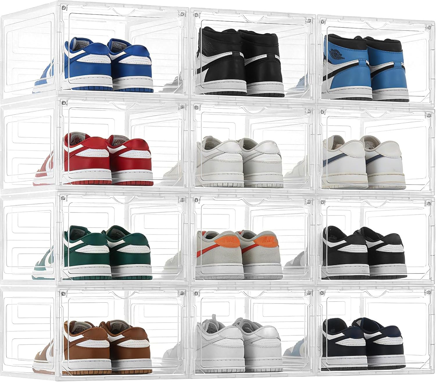 12 Pack Large Clear Shoe Storage Organizer Boxes with Lids, Thick Plastic Stackable Foldable Shoe Containers, Space Saving for Closet, Sneakers, Boots, Heels