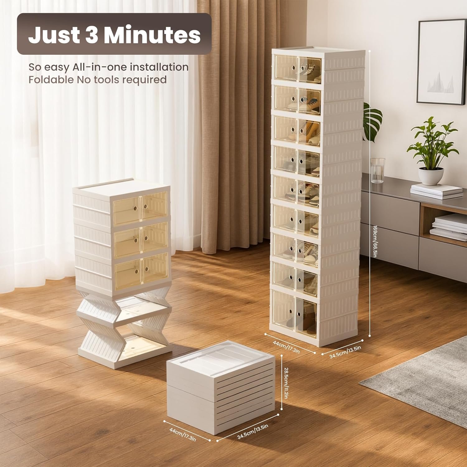 Foldable Shoe Organizer Storage Box, Portable Extra Large Folding Shoe Rack for Closet, Shoe Storage Box with Magnetic Transparent Door and Wheels, 9 Layers 18 Grids with 2 Big Grids - Image 2