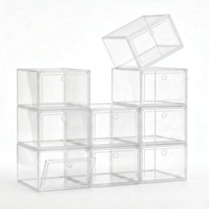 Clear Stackable Shoe Boxes 9 Pack, Foldable Magnetic Door Shoe Storage Containers, Thick Sturdy Shoe Organizer Bins for Household Closet and Small Space