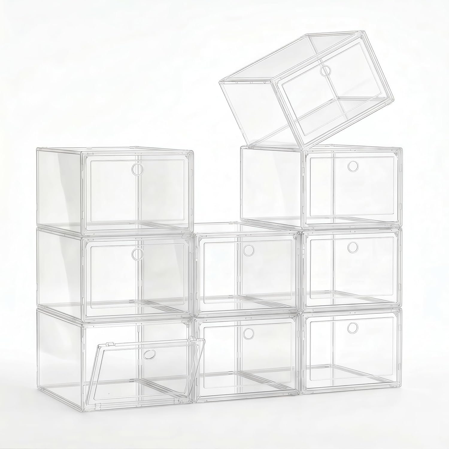 Clear Stackable Shoe Boxes 9 Pack, Foldable Magnetic Door Shoe Storage Containers, Thick Sturdy Shoe Organizer Bins for Household Closet and Small Space